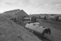 Marley Hill engine shed and home-made coaches in 1989.<br><br>[Bill Roberton //1989]