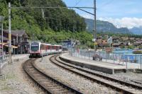 Metre gauge EMU 160001, on the Zentralbahn system travelling from Lucerne to Interlaken, calls at Brienz. Here passengers can change for the Rothorn Bahn steam powered mountain railway or Lake Brienz cruises. There are several rack sections on the Zentralbahn. Most services are formed by EMUs but in 2016 a few trains were still loco hauled [See image 55885]<br><br>[Mark Bartlett 20/06/2016]