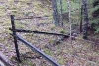 The fences surrounding the mine openings in this iron-ore field consist of pieces of rail from the mine railway. Both the upright posts and the corner supports, some complete with fishplates, are recycled from materials left at the end of mining in the 1920s. This field is an extension of the Dannemora orefield (known as Öregrund iron) which supplied Scottish iron works, notably Cramond, in the early industrial period before the native Blackband and Clayband ironstones began to be extracted along with adjacent coal seams.<br><br>[Charlie Niven 23/11/2016]