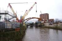 With the arches dropped into place recently, here is the view from the NE side of the new bridge over the River Irwell on 22 February 2017.<br><br>[John McIntyre 22/02/2017]