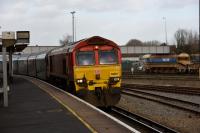 66001 southbound with a car train for Southampton Docks.  (Was this was the first 66 to work in the UK?)<br><br>[Peter Todd 11/01/2017]