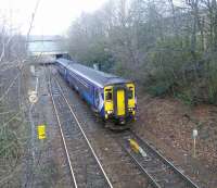 A Barrhead service passes the site of Strathbungo station on 11/02/2017. The station wasn't too much of a loss as there are three stations with walking distance (Pollokshields West is practically over the road).<br><br>[David Panton 11/02/2017]