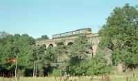 A westbound DMU crosses Castlecary Viaduct in 1990. View looks west.<br><br>[Ewan Crawford //1990]