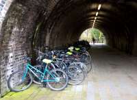 Transport interchanges are nothing new, you know. A selection of bicycles sheltering from the elements below the platforms [see image 43555]. View looks South, towards the River Avon.<br><br>[Ken Strachan 08/11/2015]