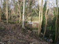 The substantial Calderpark viaduct carried the Glasgow, Bothwell, Hamilton and Coatbridge Railway over the North Calder Water between Broomhouse and Maryville stations.  The only part remaining in February 2017 is the north east abutment, now hidden in the trees behind new housing.<br><br>[Colin McDonald 20/02/2017]