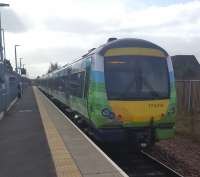 170414 leaving Newtongrange working today's 1054 Edinburgh-Tweedbank. The Borders unit on a Borders train.<br><br>[John Yellowlees 13/03/2017]