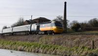 HST 125 W43002, 253 001 Sir Kenneth Granger in the original HST colour scheme. Westbound, trailing power car.<br><br>[Peter Todd 07/03/2017]