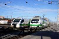 Scotlands former transport minister. Alex Neil, recommended double deck trains for the Edinburgh and Glasgow line. It certainly is an excellent idea, if all the new wires were raised and bridges rebuilt. This is how they do it in Finland. The coaches dwarf the loco and it is by UK standards not small. Turku, 4th March 2017.<br>
Alongside is a Pendolino.<br><br>[Colin Miller 04/03/2017]