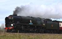 Bulleid Pacific 34052 <I>Lord Dowding</I> (aka 34046 <I>Braunton</I>) passing Crofton westbound on 7 March 2017 with a 'Cathedrals Express' special heading for Bristol Temple Meads.<br><br>[Peter Todd 07/03/2017]