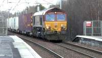 DB Cargo no.66103 heads 4D51 Grangemouth to Mossend through Coatbridge Central on 9 March 2017.<br><br>[Ken Browne 09/03/2017]