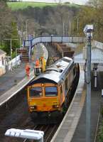 GBRf 66704 draws a train of empties into Aberdour where the down line has been lifted.<br><br>[Bill Roberton 19/03/2017]