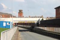 Galligreaves St bridge, on the short Blackburn King St spur, has been rebuilt as part of the construction of the new Northern DMU depot. Latterly the location of Blackburn Coal Concentration Depot [See image 21404] King St has been closed for many years but will soon see a brand new servicing depot for the new Class 195 trains that are on order. This view looks east and the depot will be on the left with the bridge carrying the link to the main line near Blackburn station. [Ref query 985]<br><br>[Mark Bartlett 23/03/2017]