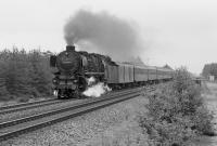 Rheine-Emden 1974. Oil-fired Pacific 012 100 speeds through the woods at Leschede to the north-west of Rheine with train D735,  the 08:25 Koeln Hbf to Norddeich Mole, which it will have taken over from electric traction at Rheine. 6th September 1974.<br><br>[Bill Jamieson 06/09/1974]