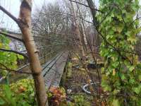 Another view of the trackbed on the bridge across Gartocher Road taken through the fence at the Network Rail Shettleston Depot. At this point the line had three tracks with sidings on the left after the bridge.  [See image 58545]. Access with permission. <br>
<br><br>[Colin McDonald 17/03/2017]