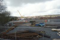 A view north from a passing train on 24 February 2017 of the track renewal for the new Blackburn TMD which is being built on the site of the old King Street coal yard. Compare the view with 4 months earlier [See image 56926].<br><br>[John McIntyre 24/02/2017]