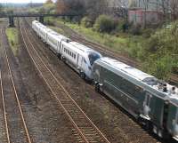 Train 5X20 made up of 2 x IEP Class 800s, the leading set in GWR livery, passing the site of Margam Halt on 3 April 2017 with a Bristol Parkway to Swansea Maliphant Csd train.<br><br>[Alastair McLellan 03/04/2017]