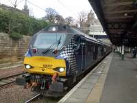 Even idling, 68 007 Valiant was audible over the rush hour traffic on Princes Street traffic so I popped down for a snap. Luckily I managed to get on and off the platform before the  Revenue Protection Officers (if that's really what they're called) arrived for duty. The train is the 1707 to Glenrothes via Dunfermline. [Ed - after checking, David confirms that they really are.]<br><br>[David Panton 30/03/2017]