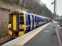 A northbound service photographed on 28/03/2017. It's a pity that the largest town on the line has a single track station. Come to think of it the only two double track stations (apart from the termini) serve the smallest settlements: Stow, population about 700, and Shawfair, population about zero.<br><br>[David Panton 28/03/2017]