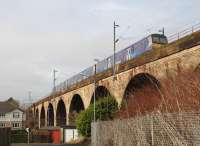 Airdrie to Balloch train passing over Centenery Ave Viaduct approaching Coatdyke station (4/3/17).<br><br>[Alastair McLellan 04/03/2017]