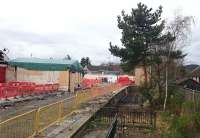 View over the rear of the fire damaged Ballater station on the morning of 14 April 2017, with the camera held at full stretch above the barrier.<br><br>[Andy Furnevel 14/04/2017]