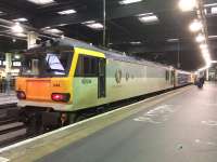 92044 <I>Couperin</I> with the recently arrived Lowland Sleeper in April 2017. This locomotive still has the two tone grey livery and 'tunnel rings' from its Eurostar days.<br><br>[Colin McDonald 04/04/2017]