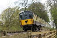 <I>Thumper in the woods</I>. DEMU 205009 returns to Warcop after an Easter Saturday trip along the 2.2 mile operational section of the Eden Valley Railway. These Southern units never ran on BR in Carmine & Cream livery but it creates an attractive appearance.<br><br>[Mark Bartlett 15/04/2017]