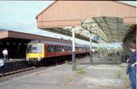 107 444 pauses at Dunfermline Upper with the Tayforth Venturer on 16th June 1984. This was a comprehensive tour starting from, and returning to, Edinburgh of the remaining branches visiting Stirling, Menstrie, Perth, Balbirnie (near Auchmuty), Cameron Bridge, Methil Docks, Westfield, Rosyth Dockyard, Oakley, Crombie.<br><br>[Douglas McPherson 16/06/1984]