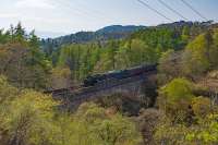 The returning east Jacobite is crossing Borrowdale Viaduct immediately before entering Borrowdale Tunnel. <br><br>[Ewan Crawford 02/05/2017]