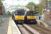314s call at Bishopton on 27 April 2017. On the left is 314209 in ScotRail blue heading to Wemyss Bay and on the right 314206 in Strathclyde livery heading to Glasgow Central.<br><br>[John McIntyre 27/04/2017]