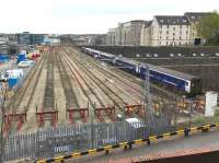 Mid afternoon on 18 April 2017 looking south over Aberdeen's Clayhills sidings. The only cccupants at this time are the 5 coaches plus class 73 locomotive forming the Aberdeen portion of the Highland Sleeper. The train is scheduled to depart from the adjacent station for Edinburgh at 2143. Once there it will join forces with the Inverness and Fort William portions for the overnight journey to London Euston, arriving at 0747. <br><br>[Andy Furnevel 18/04/2017]