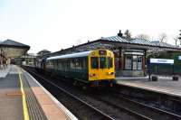 Track inspection saloon 975025 Caroline is propelled through Gleneagles<br>
by 37409 Lord Hinton on the way to Inverness.<br><br>[John Gray 03/05/2017]