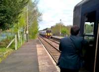 The 15.38 to Barnstaple crosses an Exmouth-bound service at Crediton on 15 April 2017 [see image 43525].<br><br>[Ken Strachan 15/04/2017]