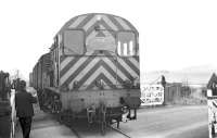 D3891 with the last freight from Kelso about to run over Maxton level crossing on 29 March 1968. Note the unofficial headboard specially constructed for the occasion [see image 22937].<br><br>[Bruce McCartney 29/03/1968]