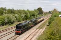 Taken on the eastern outskirts of Swindon, 34052 (aka 34046) & 46100 pass westbound light engine to Bristol as part of the Great Britain Experience. Back through Swindon at 1900 hours on Sunday.<br><br>[Peter Todd 05/05/2017]