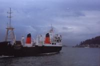 The then recently-launched Calmac ship <I>MV Claymore</I> is seen leaving Oban bound for Castlebay and Lochboisdale in the summer of 1979. She was the third ship to carry that name in ferry service. <br><br>[Charlie Niven //1979]