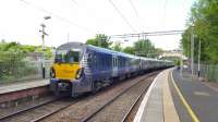 A Helensburgh bound train draws to a stop at Dalreoch on 18th May 2017.<br><br>[Beth Crawford 18/05/2017]