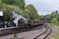 BR Standard 9F 92214 arriving at Leicester North Station.<br><br>[Peter Todd 06/05/2017]