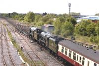 34052 (aka 34046) & 46100 westbound light engines to Bristol as part of the Great Britain Experience. The line disappearing to the right is the stub of the former Swindon and Highworth Railway.<br><br>[Peter Todd 05/05/2017]