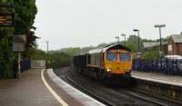 GBRf 66747 with a train of stone empties, westbound heading for the Somerset quarries through Hungerford on 17th May 2017.<br><br>[Peter Todd 17/05/2017]