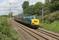 The Class 40 Preservation Society's gleaming main line registered 345 seen approaching Barton and Broughton with a rake of West Coast stock heading for the ELR on 9th June 2017. This was ahead of a railtour to Llandudno the following day and, as in previous years, the movement took a circuitous route (this time via Shrewsbury) with passengers on board paying for the one way trip from Carnforth to Bury. <br><br>[Mark Bartlett 09/06/2017]