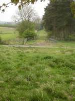 A view looking north west across the eastern most level crossing of two that crossed Colley Broach Road, in the Newburgh Priory Estate east of Coxwold Station, in close proximity to each other. The trackbed is intact between both crossing points, the other being located at the end of the line of roadside hedge running across the upper left of view. The view is taken from the top of an infilled former short section of cutting on the east side of the crossing. <br><br>[David Pesterfield 01/05/2017]