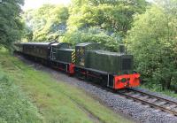 In addition to two train sets running between Heywood and Rawtenstall the 2017 ELR Small Engines Weekend also featured a variety of shunting locos working between Bury and Ramsbottom. Resident Class 03 D2062 is seen here paired with Drewry Class 04 D2298, visiting from Quainton Road, near Summerseat station on a three coach set.<br><br>[Mark Bartlett 03/06/2017]