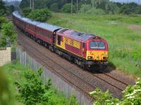 67016 nears Rosyth with the SRPS empty stock from Thornton Yard to Bo'ness, having formed the previous day's excursion to Scarborough.  11 June.<br><br>[Bill Roberton 11/06/2017]