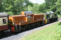 In their all too brief BR lives the Class 14s only carried two-tone green livery but in preservation there has been a big variety. D9551, visiting the ELR 2017 Small Engines Weekend from the Severn Valley, sports <I>Golden Ochre</I> livery as originally carried by Western D1015. Seen here double heading with ELR resident D9531 on a train for Rawtenstall approaching Summerseat on 3rd June 2017.<br><br>[Mark Bartlett 03/06/2017]