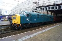 English Electric Type 4 no.345 arrives back at Manchester Victoria on the evening of 10 June 2017 with the CFPS 'The East Lancs Enterprise' tour. This leg was from Holyhead to Preston via Yorkshire.<br><br>[John McIntyre 10/06/2017]