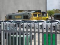 Looking into Freightliner's Leeds Midland Road TMD from the vehicle entrance with 66613 and 70010 stabled closest to camera. Beyond are 66585, with the cab end of 70002 to left and 90041 to right.<br><br>[David Pesterfield 26/04/2017]