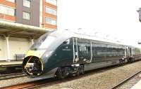 800-003 'Queen Elizabeth 2', standing on the centre road in Swindon Station on 15 June 2017. This unit arrived as part of an 8-car train in convoy with 800-004 and eventually departed as a 4 car train running west to Bristol. <br>
<br><br>[Peter Todd 15/06/2017]