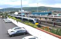 View west over Belfast's Great Victoria Street station during the early evening of 12 June 2017, with Larne and Bangor line DMU services at the platforms.<br><br>[Andy Furnevel 12/06/2017]