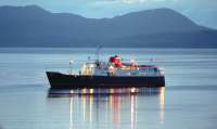 Hebridean Princess, formerly a CalMac vessel now a cruise ship, anchored in Tobermory Bay in 1993.<br><br>[Ewan Crawford 16//1993]
