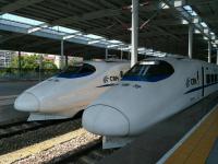 Jinshan Railway.  Jinshanwei Station.  Two CRH2 units - on the right train C3659 has just arrived from Shanghai South while train C3066, the 13.21 Jinshanwei to Shanghai South awaits departure on the adjacent platform.<br><br>[Mark Poustie 29/05/2017]